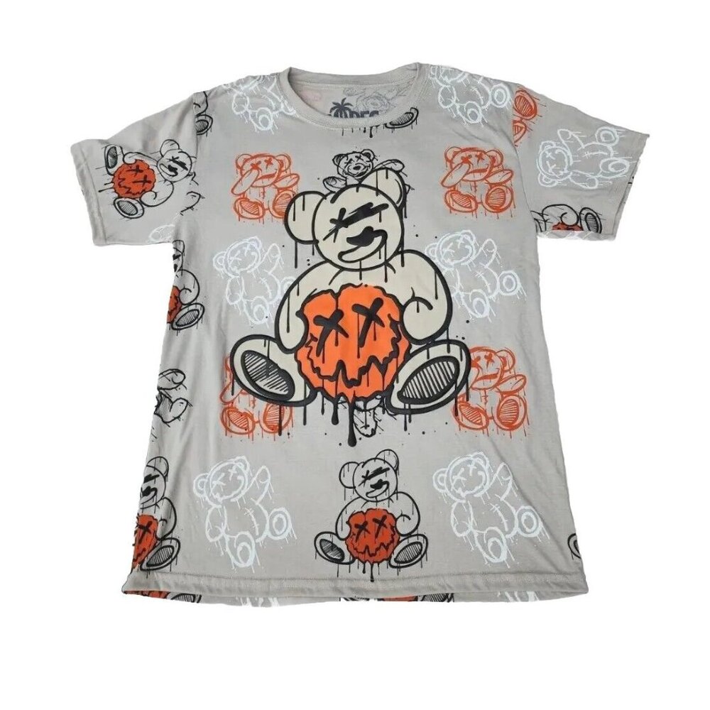 Graphic 3D Print Halloween Pumpkin Scrary Teddy Bear'o'Lantern Gray T-Shirt Sz L